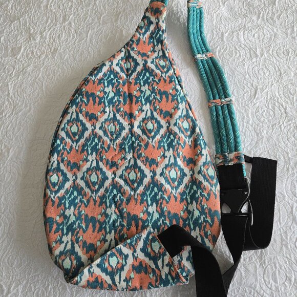 Kavu Rope Sling Bag Canvas Coral & Turquoise Ikat Print Adjustable Strap Pockets - Picture 4 of 8